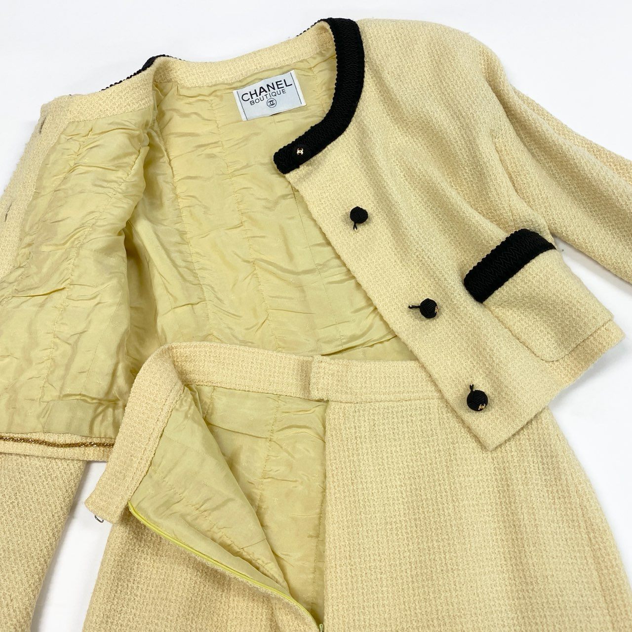 Ca14【archive】CHANEL ヴィンテージ シャネル 1987年コレクション ボールボタン ココマーク ショートツイードジャケット スカート セットアップ M相当 イエロー系 ツイード レディースta1