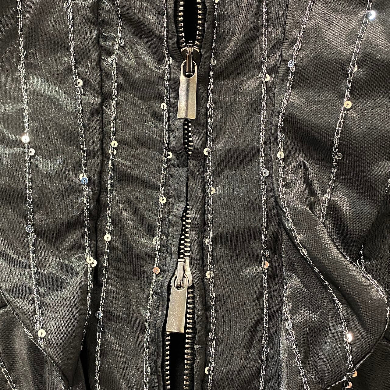 72e21 GIORGIO ARMANI ジョルジオアルマーニ 変形ジャケット ストライプ スパンコール ダブルジップ アウター イタリア製 46サイズ ブラック レディース 女性用t18r