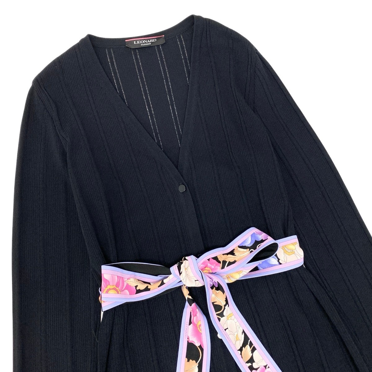 81e19 【美品】 LEONARD FASHION レオナール ロング ニットカーディガン カンカン素材切替 リブニット 長袖 花柄プリント サイズ38 ブラック レディース 女性用u02t