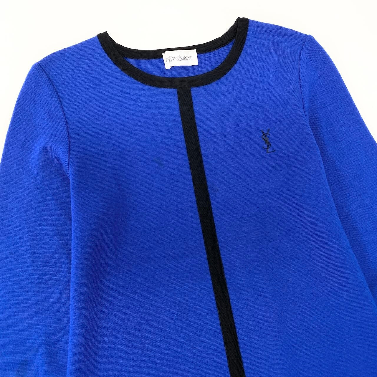 33f15 YVES SAINT LAURENT イヴサンローラン YSLロゴ ニットセーター チュニック丈 ボーダー柄 バイカラー サイズＭ ブルー ブラック ウール100％ レディース 女性用u02t