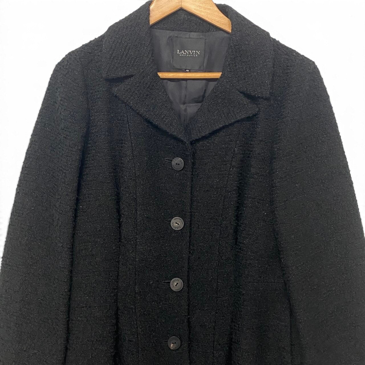 35h31 LANVIN COLLECTION ランバンコレクション Aライン ツイードコート ロングコート サイズ40 ブラック レディースu02t