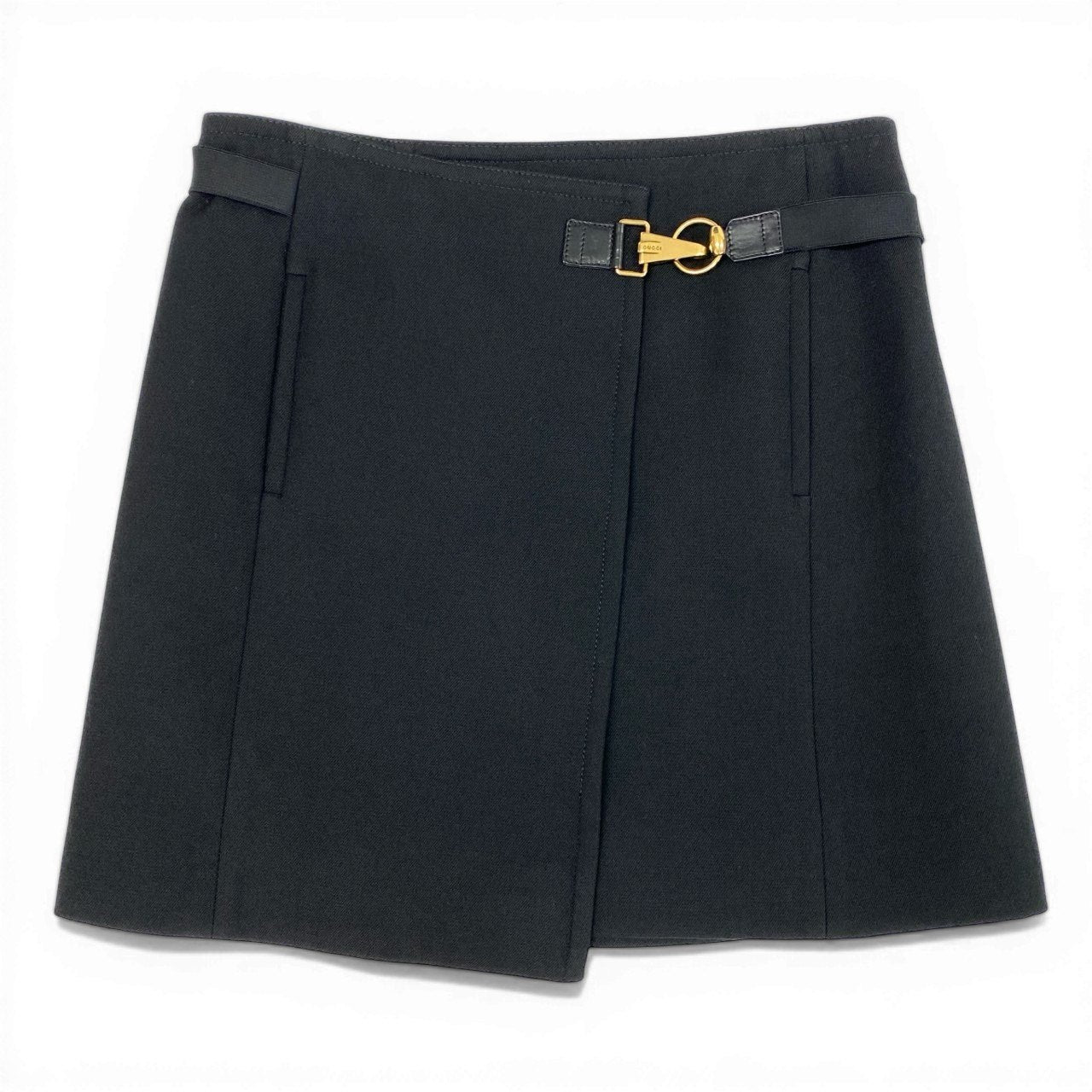 Ed12 GUCCI グッチ ゴールド金具 ホースビット 巻きスカート サイズ40 ブラック レディースta1