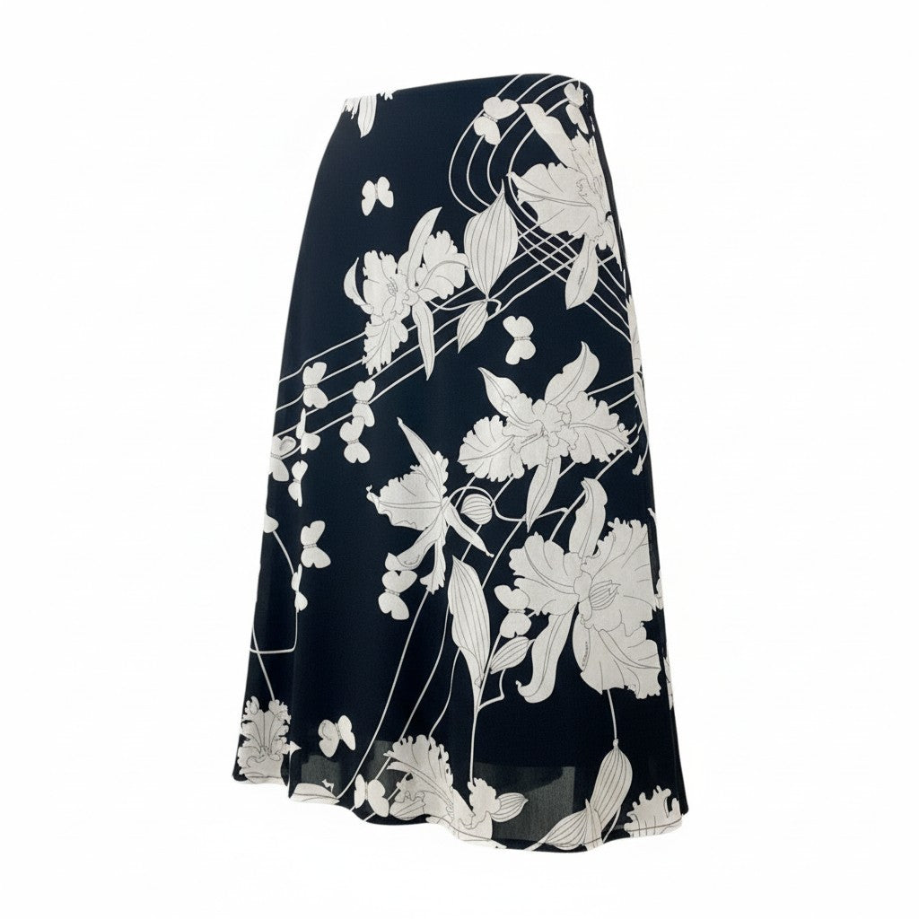 73c13 LEONARD レオナール カンカン素材 美しい花柄プリント フレアスカート 膝丈スカート 73 モノトーン レディースu02t