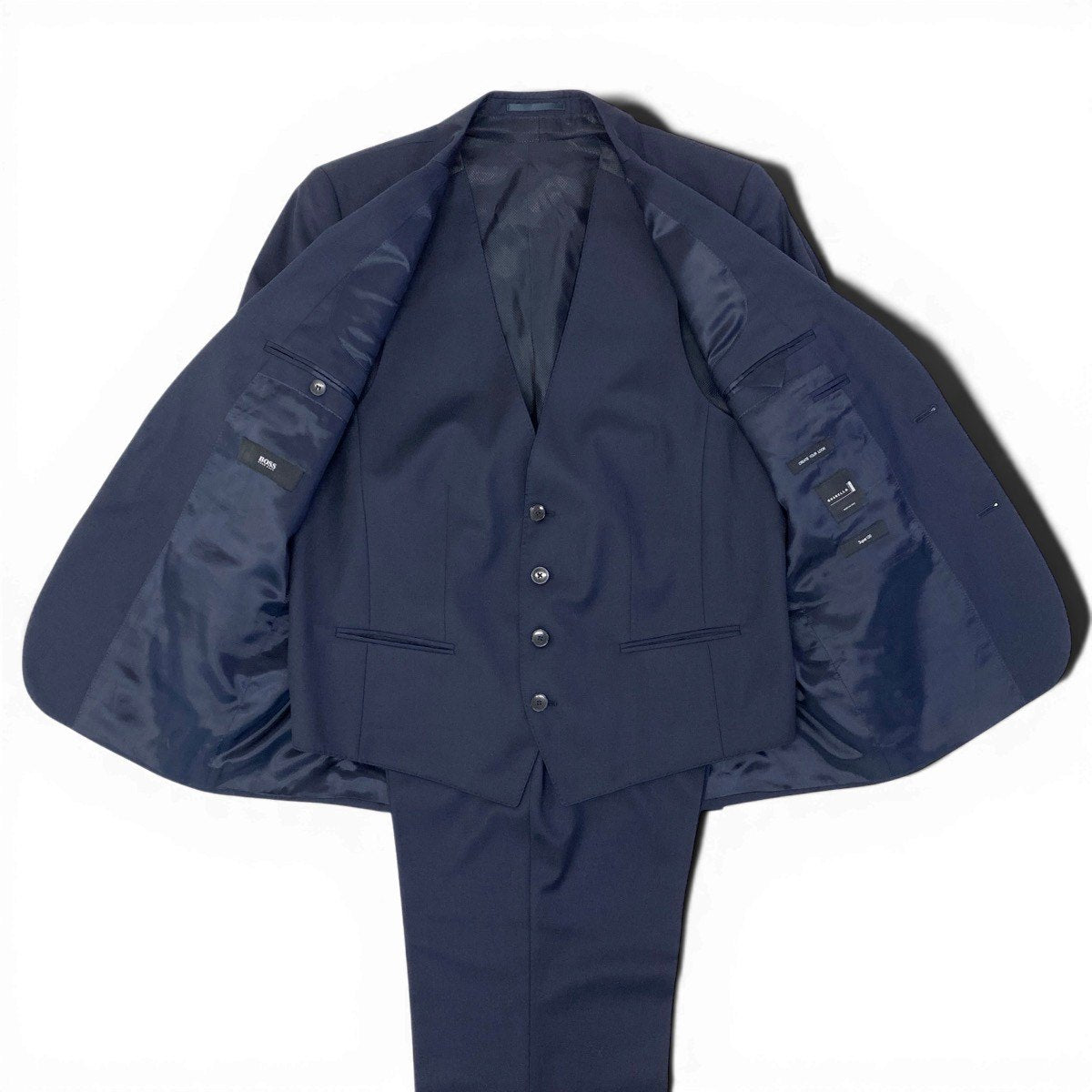 84f18 HUGO BOSS ヒューゴボス 3ピース スーツ GUABELLO Super120 サイズ52/54 ネイビー フォーマル ビジネス セットアップt18r