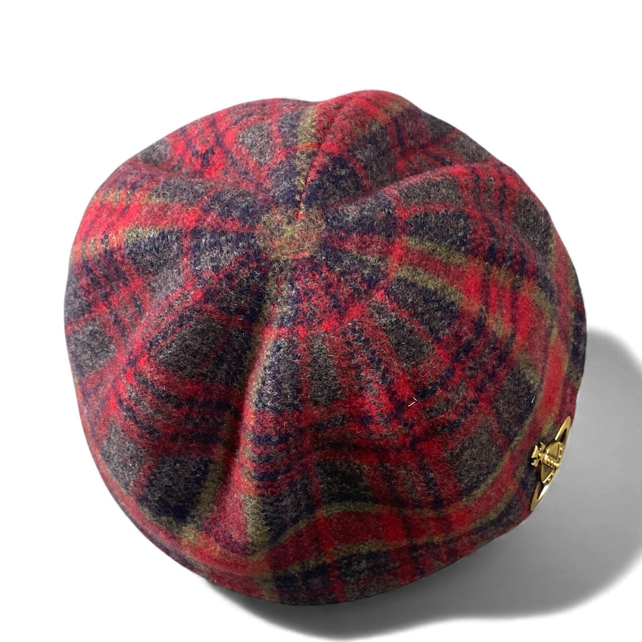 k16 《美品》 Vivienne Westwood ヴィヴィアンウエストウッド クロッシェハット メタルオーブ M レッド チェック柄 日本製 帽子 ヘッドウェア