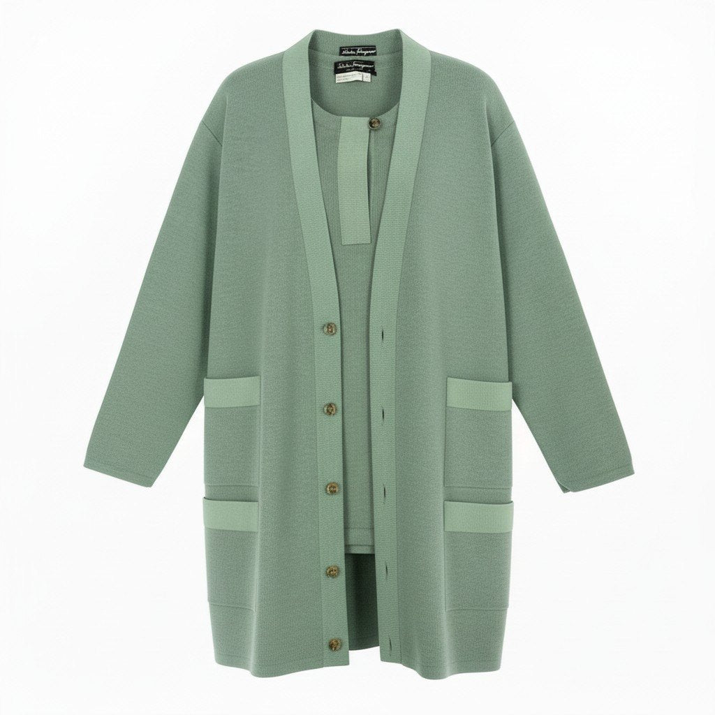 68d13 Salvatore Ferragamo サルヴァトーレフェラガモ アンサンブルニット ツインニット ロングニットジャケット カーディガン ニットポロシャツ M / L グリーン系 ウール100％ レディース 女性用o07t