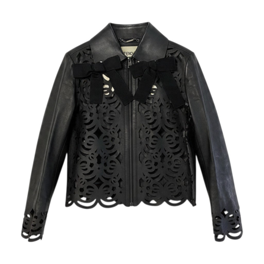 j23 FENDI フェンディ レーザーカット レザージャケット Laser-Cut Lamb Leather Jacket Size 40 ブラック 羊革 ラムレザーt18r
