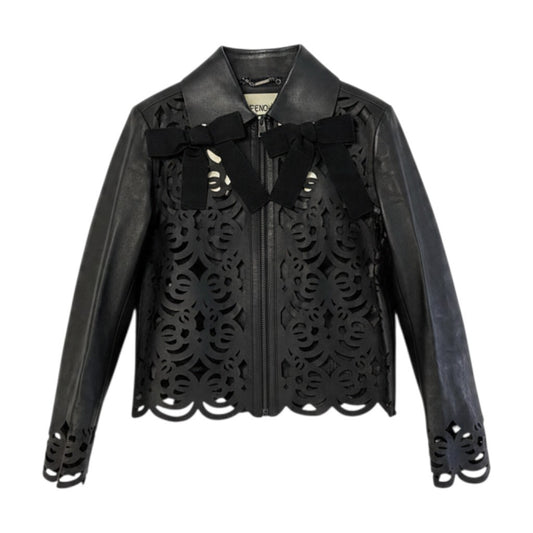 j23 FENDI フェンディ レーザーカット レザージャケット Laser-Cut Lamb Leather Jacket Size 40 ブラック 羊革 ラムレザーt18r