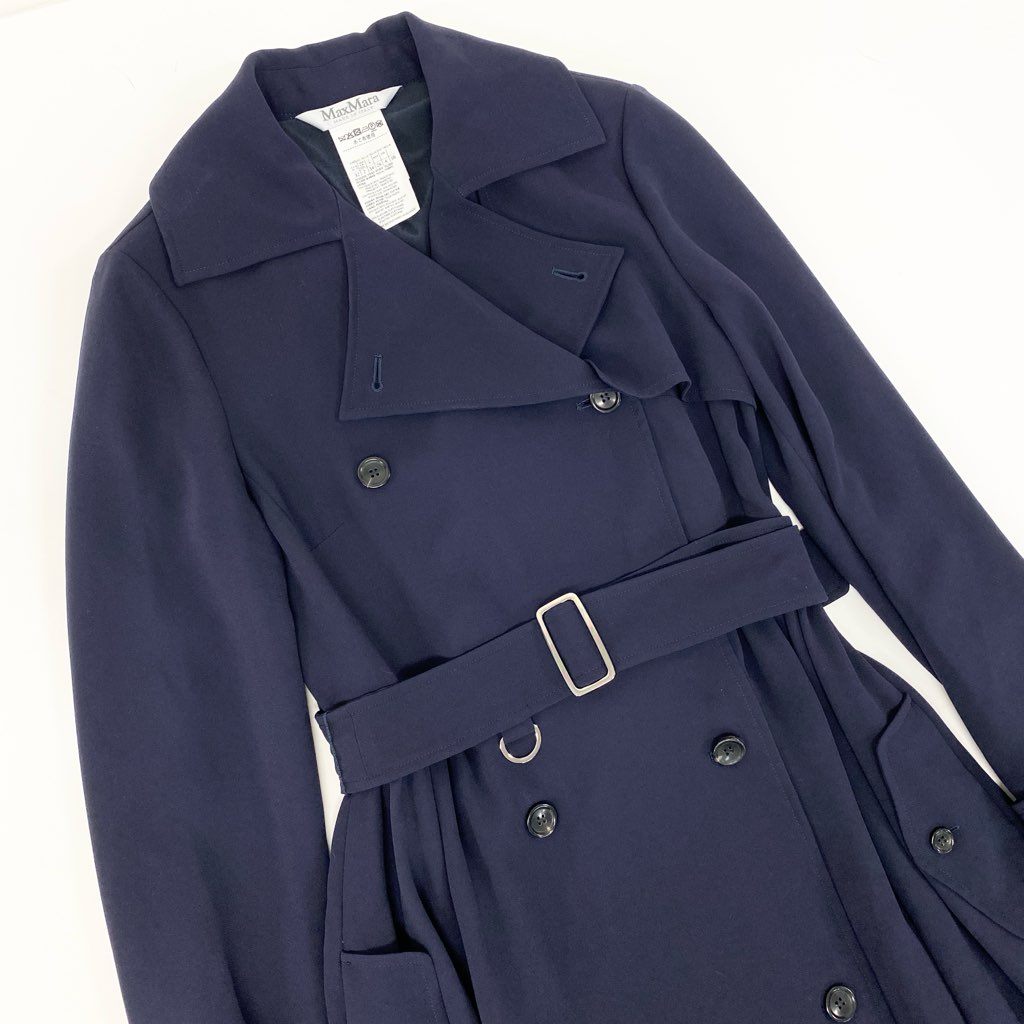 4a9 【極美品】MaxMara マックスマーラ トレンチコート スプリングコート ロングコート シフォン 36サイズ ネイビー レディースk02i