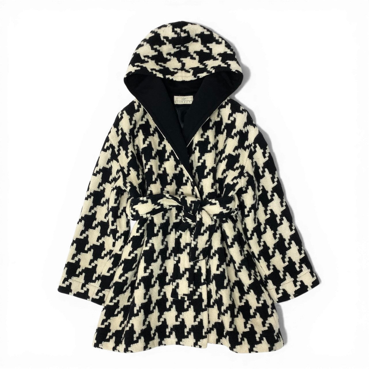 84c27 GIVENCHY ジバンシー フーディーコート ウールコート ウエストベルト 千鳥格子 アウター アイボリー ブラック レディース 女性用u02t