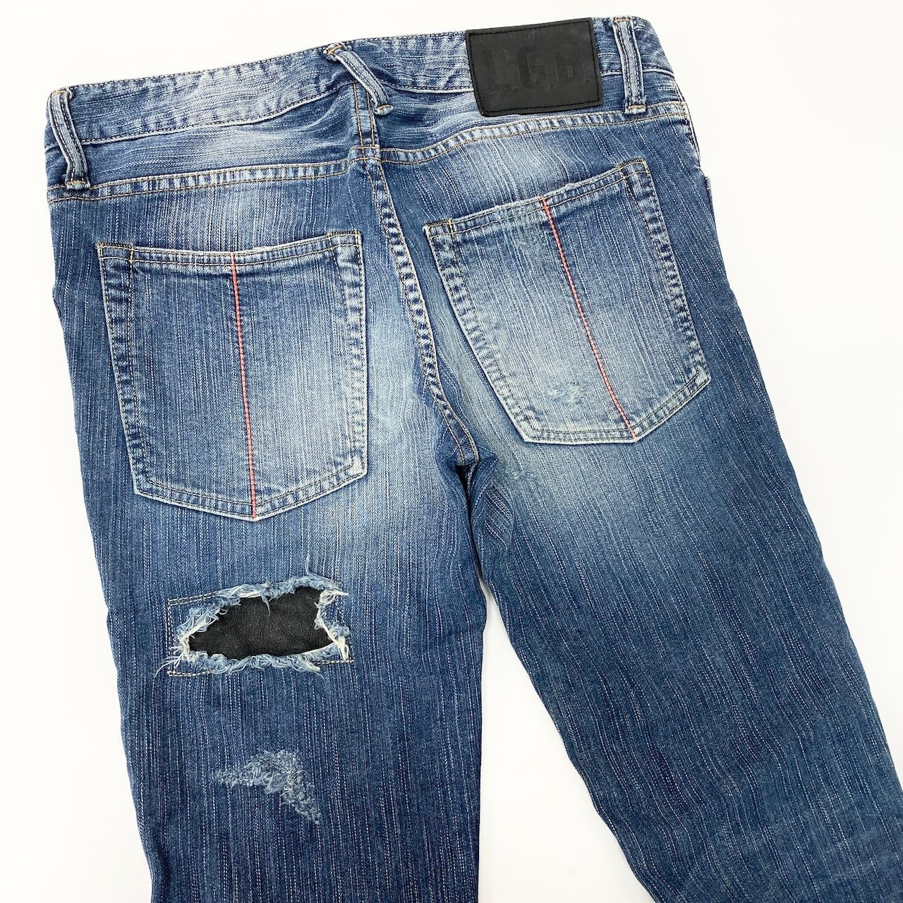 56d13 L.G.B. ルグランブルー 00s レザーパッチ クロス スキニーデニムパンツ サイズ27 インディゴブルー ジーンズ ヴィンテージ加工t18r