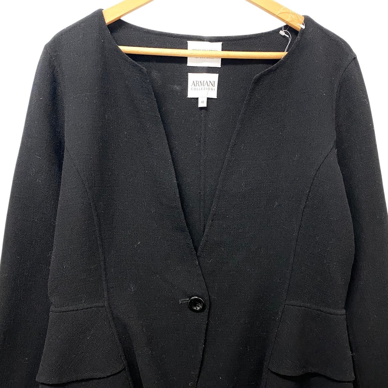17f18 ARMANI COLLEZIONI アルマーニコレツィオーネ ノーカラージャケット 裾フリル サイズ48/2XL相当 ブラック ウール100％ レディース 女性用u02t