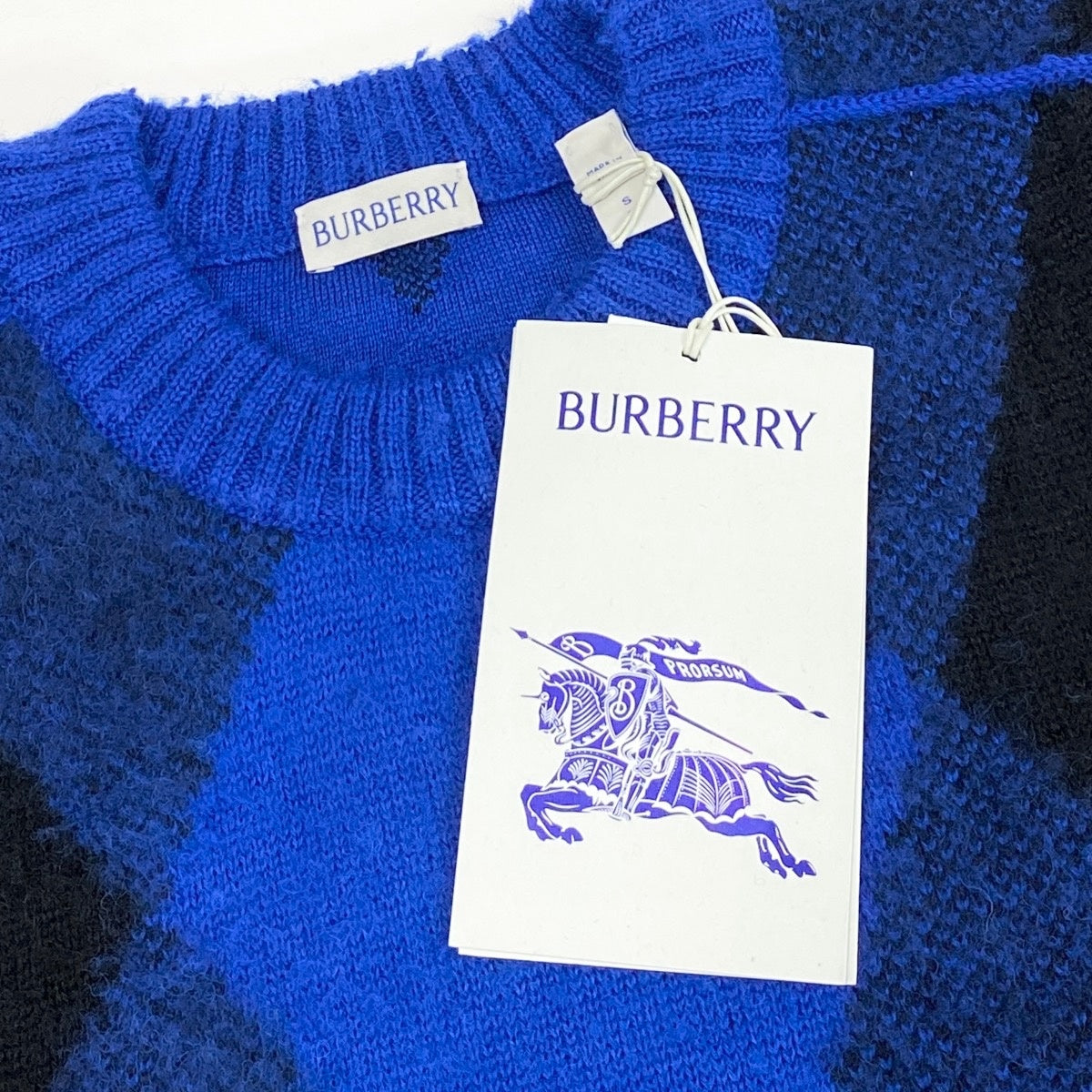Mj9 【未使用タグ付】 BURBERRY バーバリー アーガイル チェック ウールセーター 8078750 サイズS ブルー ブラック ウール100％ メンズu02t