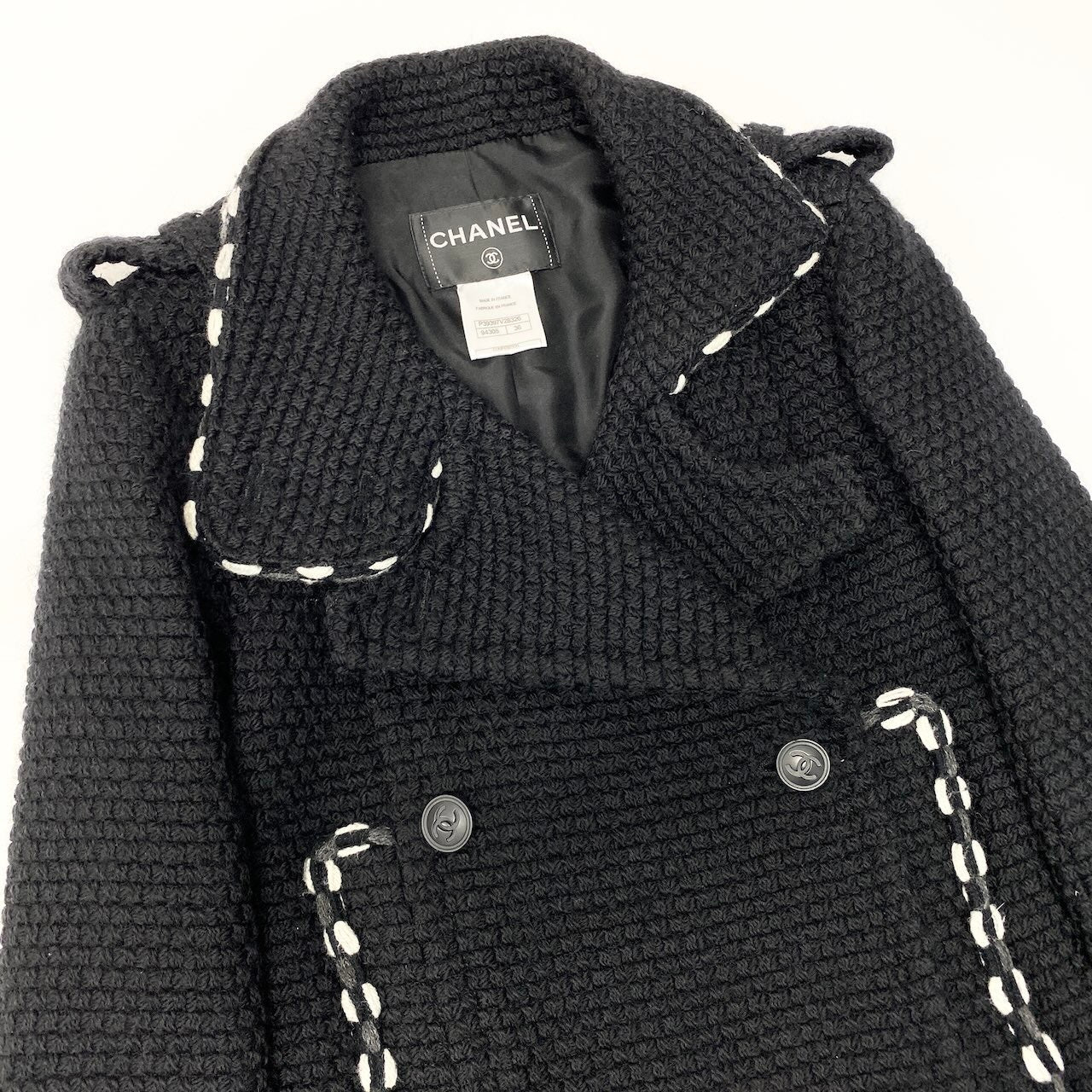 C CHANEL シャネル ビンテージ 1994A ツイードニットピーコート ココマーク P39397V28326 36サイズ ブラック ウール100％ レディース 女性用nu1