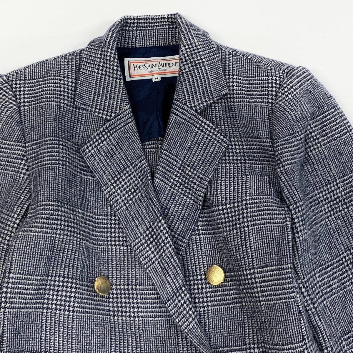 63f2 YVES SAINT LAURENT イヴサンローラン ダブルブレスト テーラードジャケット グレンチェック柄 金ボタン カシミヤ混 サイズM ネイビー ホワイト レディース 女性服o07t