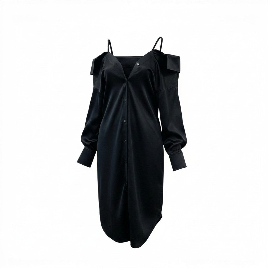 Af26 【新品保管品】 ALEXANDER WANG アレキサンダーワン オフザショルダーシャツ シルクシャツ 長袖ブラウス シャツワンピース 534-60260001 2 ブラック 絹100％ レディース 女性用u02t