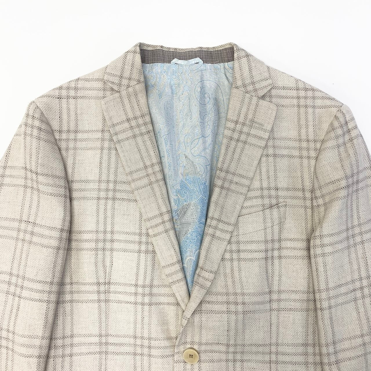 48c18 ETRO エトロ テーラードジャケット チェック柄 裏地ペイズリー柄 イタリア製 コットンリネン混 メンズ 男性用 52 ベージュ系u02t