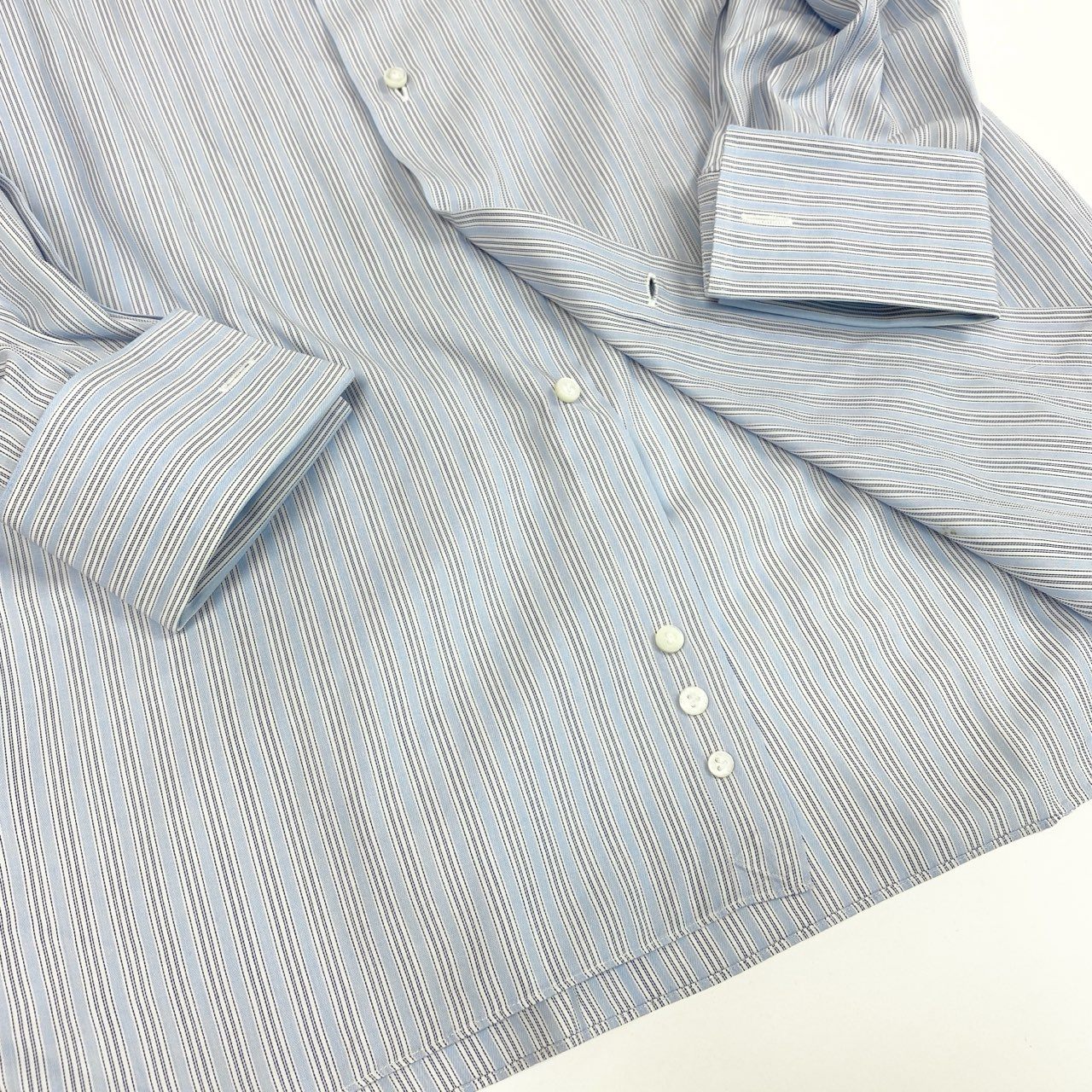 31k2《美品》 Ermenegildo Zegna エルメネジルドゼニア 長袖 ドレスシャツ ストライプ ビジネス フォーマル 41 Lサイズ相当 ブルー コットン メンズo07t