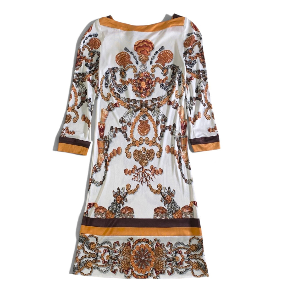 11j26 【未使用タグ付】 GUCCI グッチ デッドストック 2008年 スクエアネック ドレスワンピース シェル柄 総柄 サイズ36 ホワイト オレンジ レディースu02t