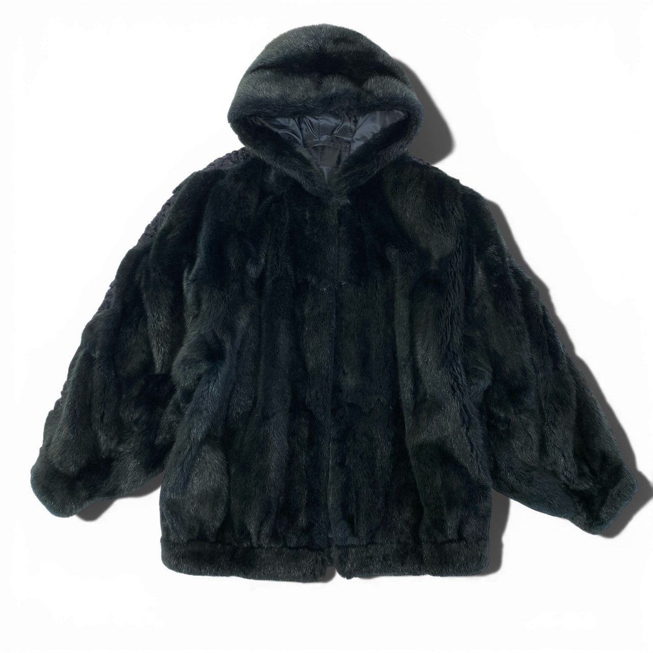 7a27 フード付き 染めミンク ファーコート サイズF ブラック ネイビー 本毛皮 Mink Fur Coat 希少デザインt18r