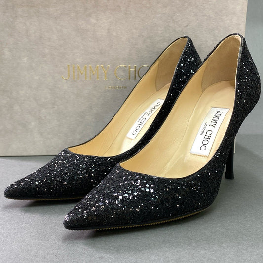 5k9 《美品》 JIMMY CHOO ジミーチュウ グリッターパンプス 35 ブラック セレモニー 結婚式 ラメ シューズ イタリア製 箱付き