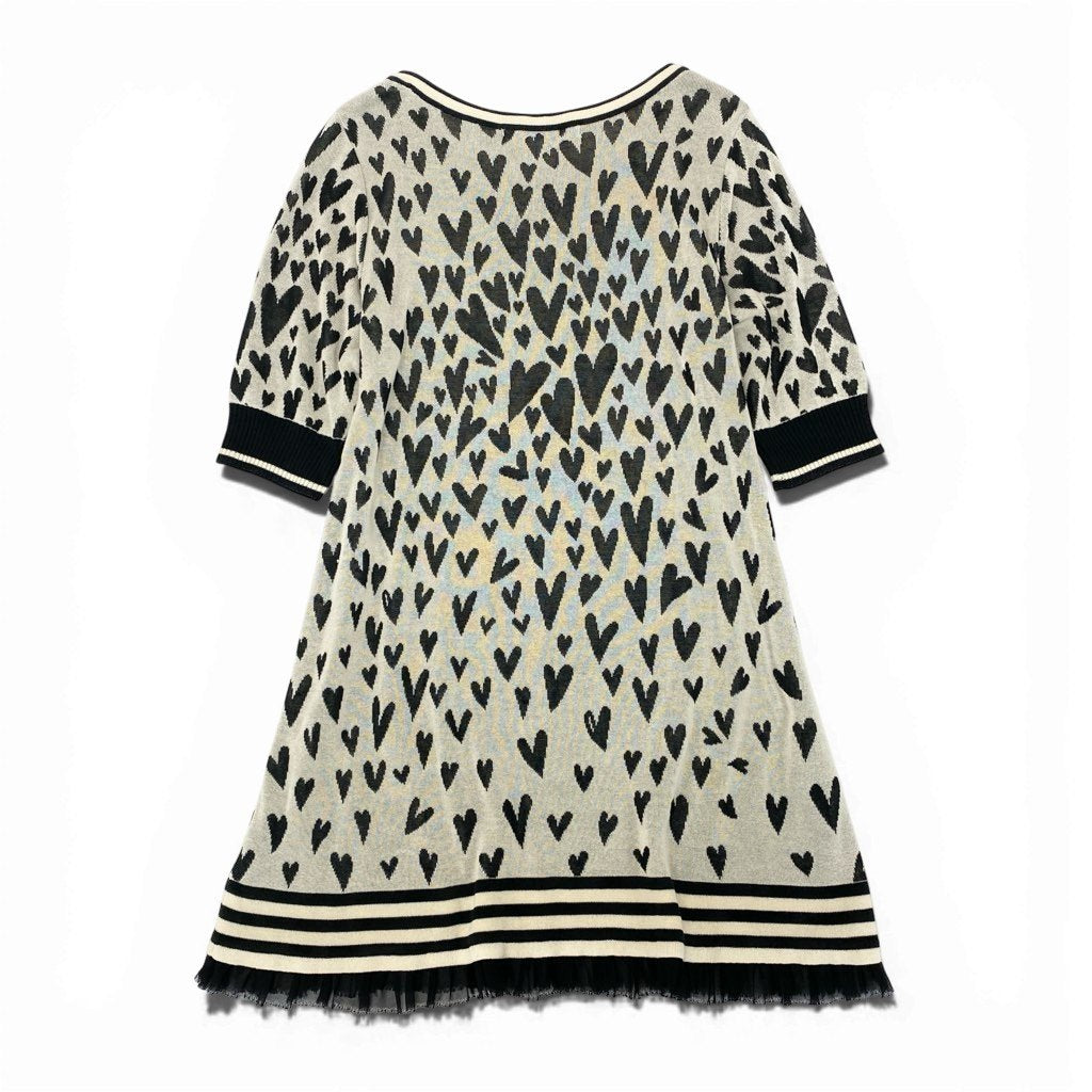 7a9 OLLEBOREBLA オレボレブラ アルベロベロ ニットワンピース 総柄 ハート柄 七分袖 レディース ブラック ホワイトo07t