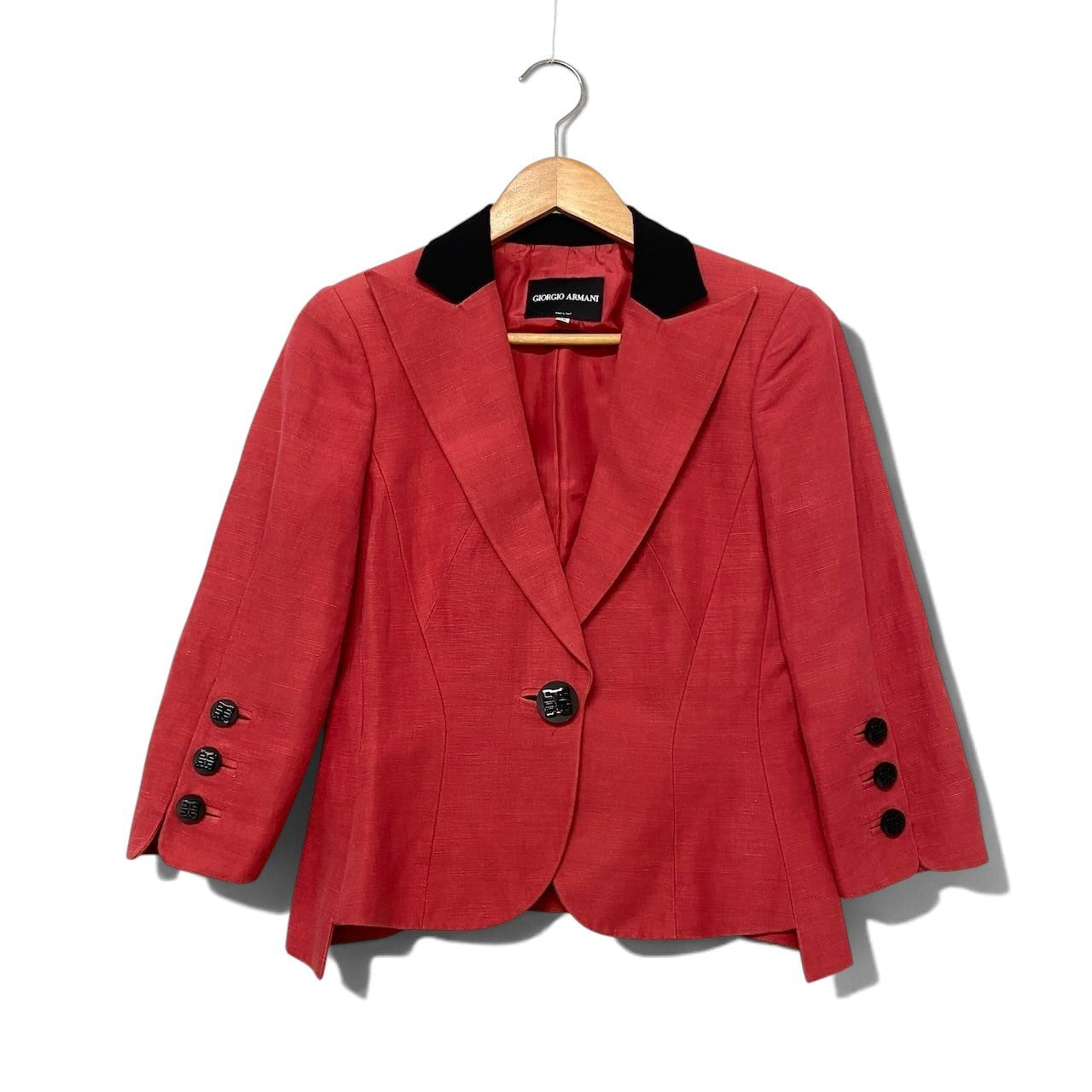 62i1 GIORGIO ARMANI ジョルジオアルマーニ テーラードジャケット コットンリネン混 バイカラー サイズ38 レッド ブラック レディースu02t