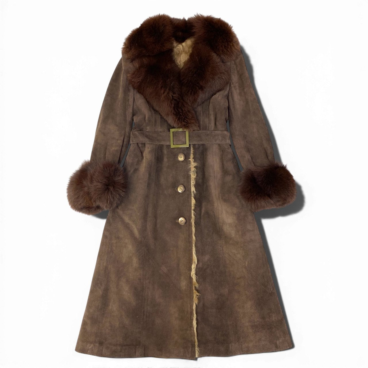 84a14 フォックスファー スエードレザー ベルテッドコート ロングコート ラムファー インナー ブラウン フォックス ラムファー 毛皮コートt18r