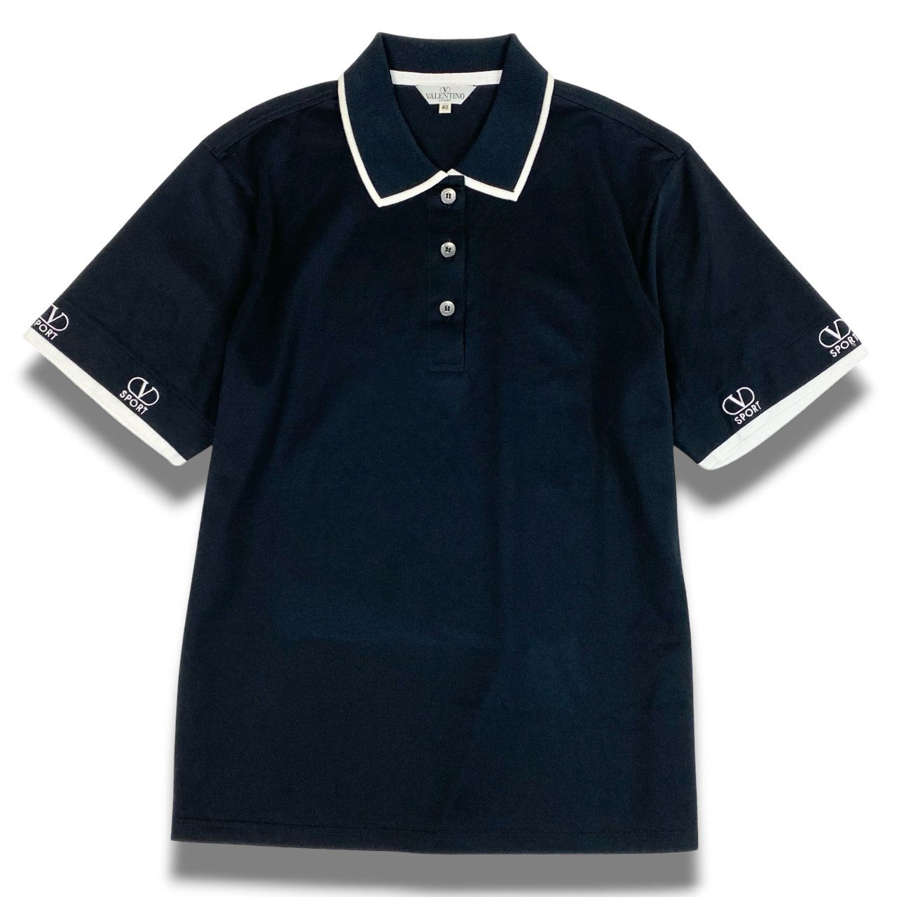 I b20《美品》 VALENTINO ヴァレンティノ スリーブロゴ 半袖ポロシャツ トップス 40 ブラック レディースu02t