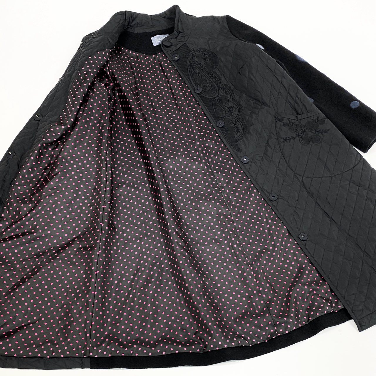39L12 TOKUKO 1er VOL トクコプルミエヴォル 異素材切替 ロングコート ウールコート 刺繍 ドット柄 9 ブラック系 レディース 女性用u02t