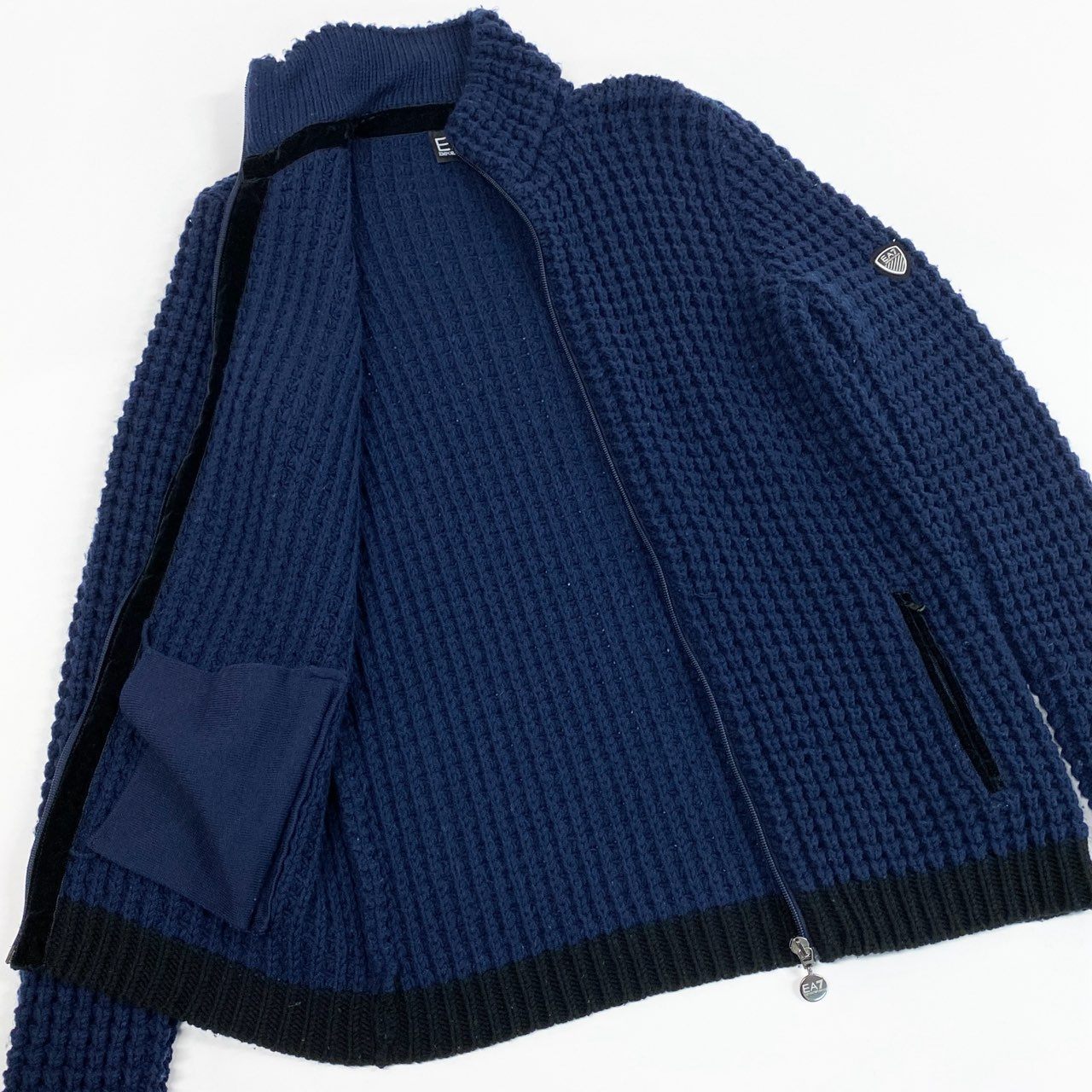 25L22 EMPORIO ARMANI エンポリオアルマーニ EA7 ドライバーズニット ジップアップニット ニットブルゾン PLG03M PL02M Sサイズ ブルー ブラック メンズ 男性用o07t