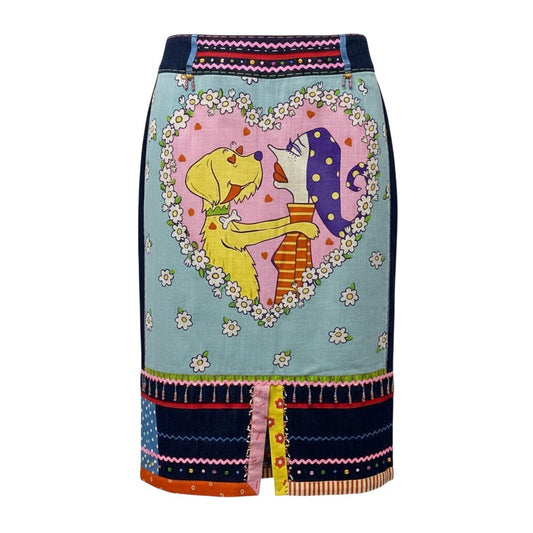 44b18 OLLEBOREBLA オレボレブラ アルベロベロ デニムスカート 異素材切替 花柄 ハート ビーズ装飾 レディース 女性用 インディゴブルーo07t