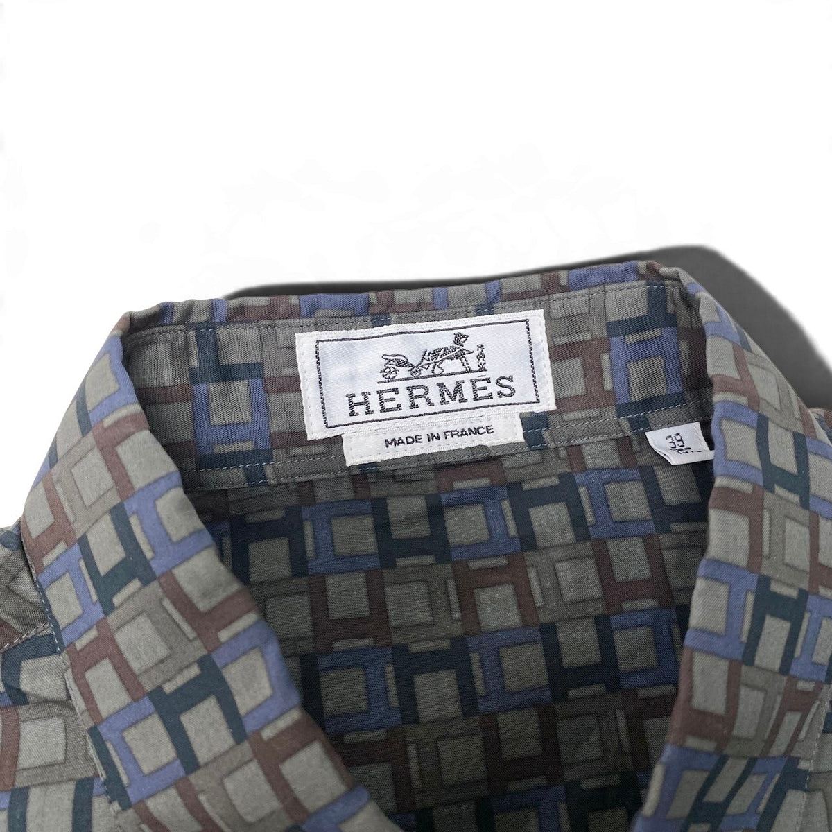 21j16 【極美品】 Hermès エルメス ロングスリーブ セリエシャツ 総柄 サイズ39-15 1/2 グレー系 コットン100％ メンズu02t