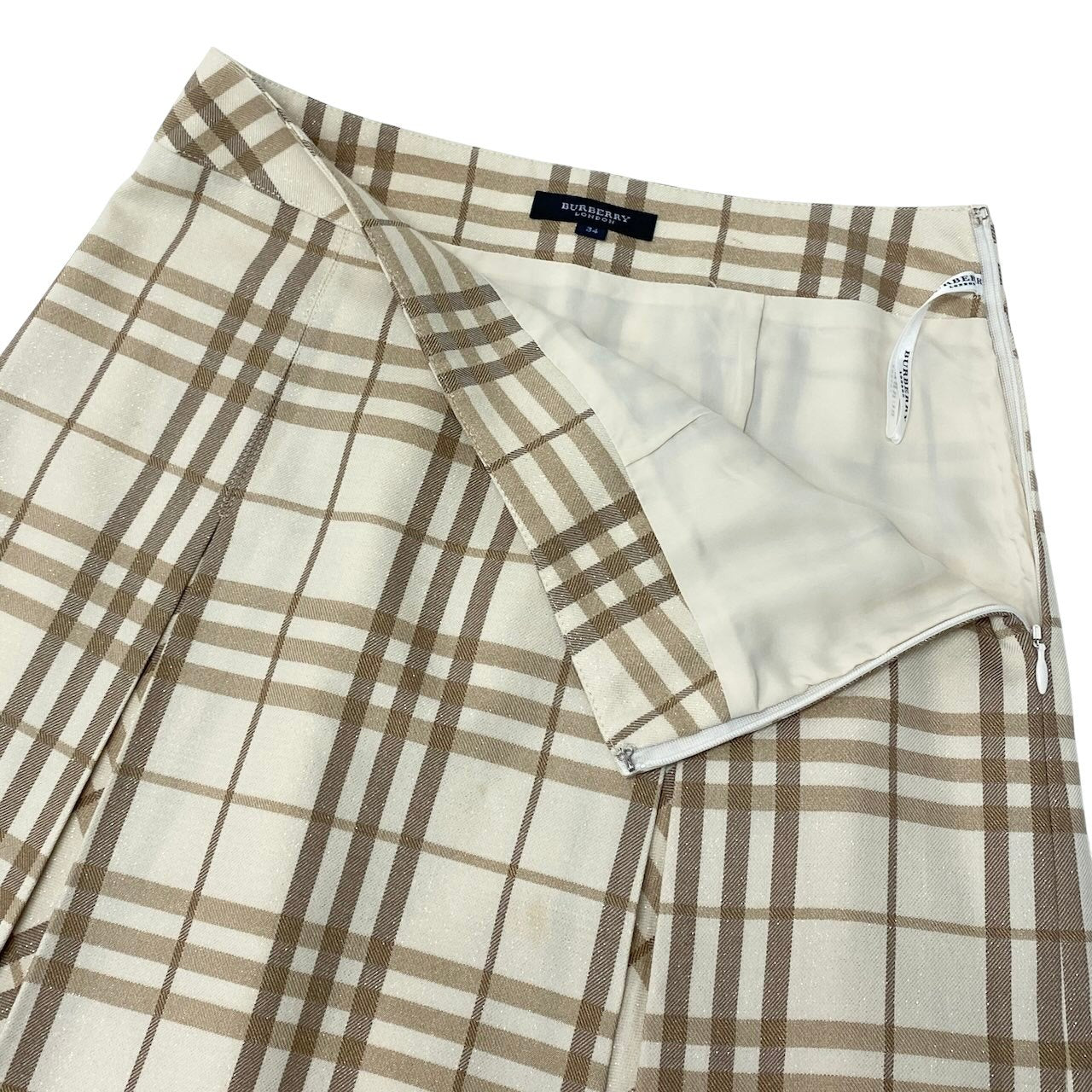 Ig6 BURBERRY LONDON バーバリー ラメ混 タックスカート チェック柄 サイズ34 ベージュ アイボリー ウール レディースo07t
