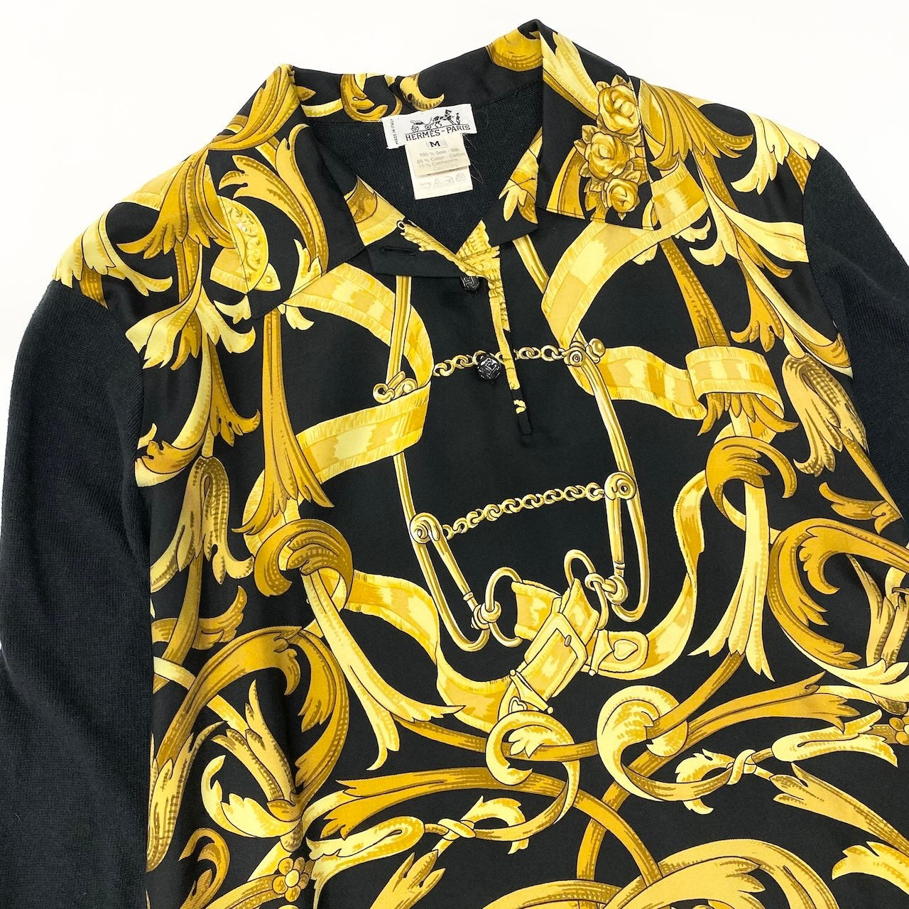 Id23 Hermès エルメス シルク切替 ニットポロシャツ ロングスリーブ ニットトップス スカーフ柄 vintage カシミヤ混 サイズM ブラック レディース 女性用u02t