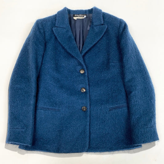 13i14 Salvatore Ferragamo サルヴァトーレフェラガモ テーラードジャケット モヘア混 シャギー 44サイズ ブルー レディース 女性用u02t