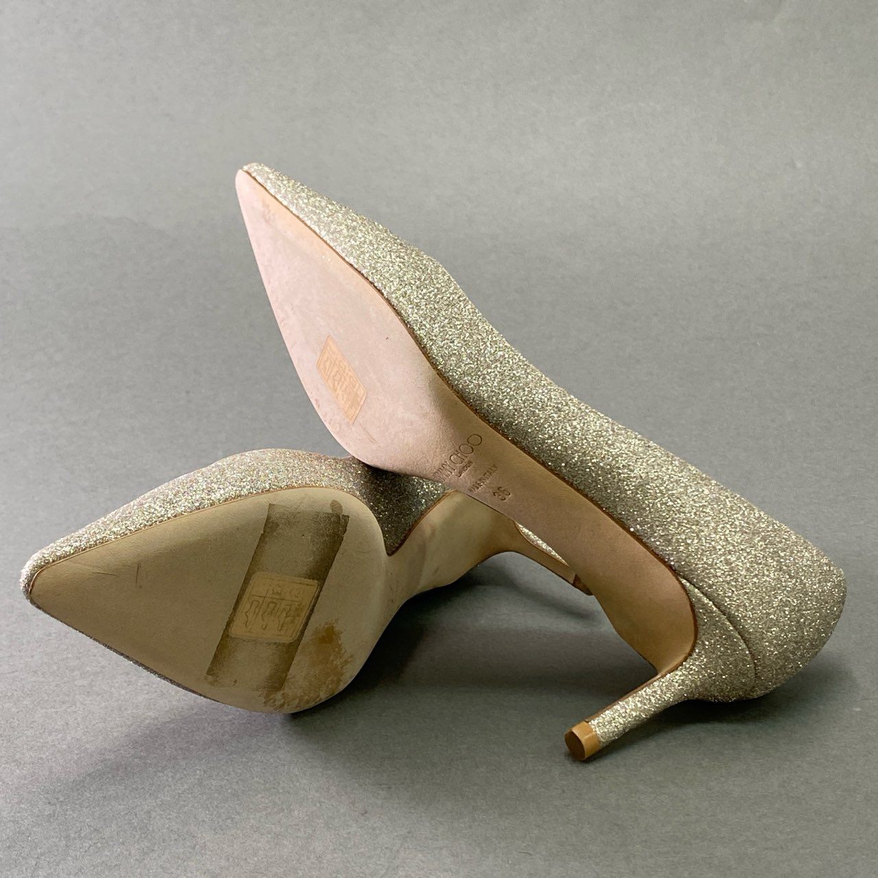 2f23 《美品》 JIMMY CHOO ジミーチュウ グリッター ラメパンプス 36 シルバー 結婚式 パーティ シューズ 保存袋付き
