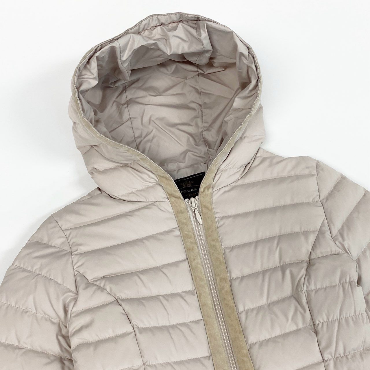 78a21 TOCCA トッカ ベルベット切替 ダウンコート フーデットロングコート ダブルジップ アウター レディース 女性用 サイズ0 ピンクベージュ系u02t