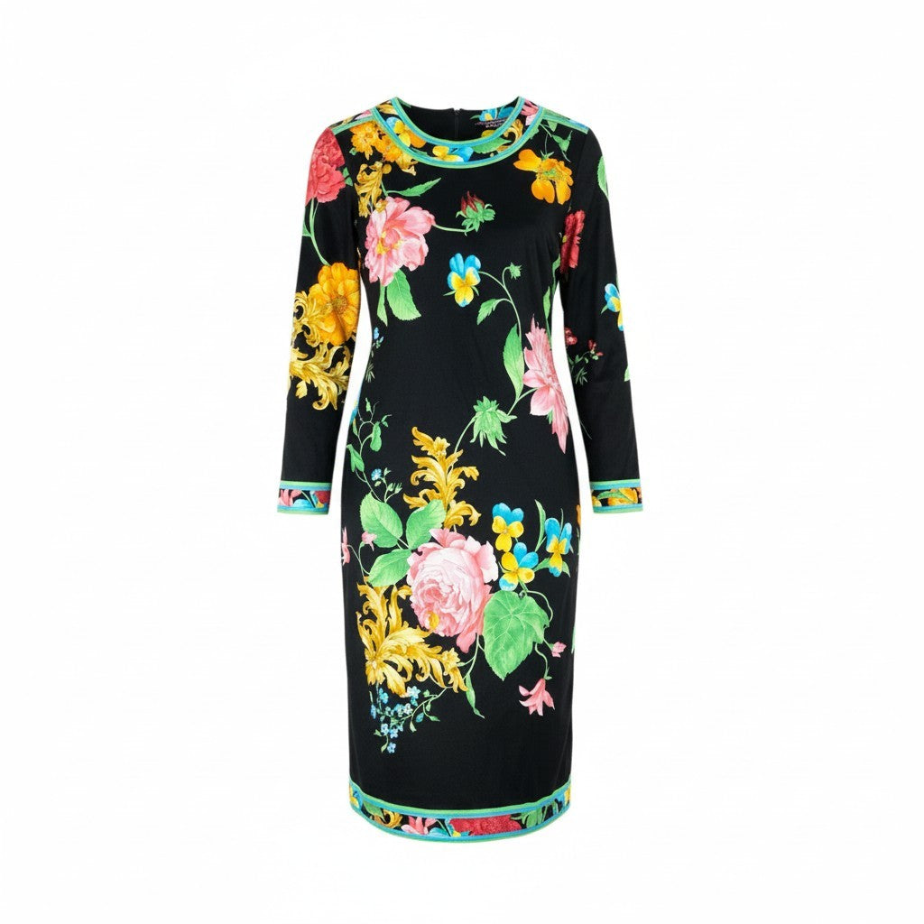 11k28 《美品》 LEONARD レオナール 長袖ワンピース ロングワンピース 美しい花柄プリント L マルチカラー コットン レディースu02t