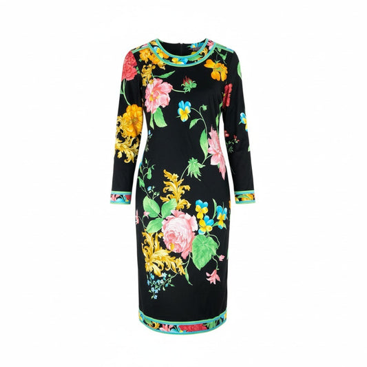 11k28 《美品》 LEONARD レオナール 長袖ワンピース ロングワンピース 美しい花柄プリント L マルチカラー コットン レディースu02t