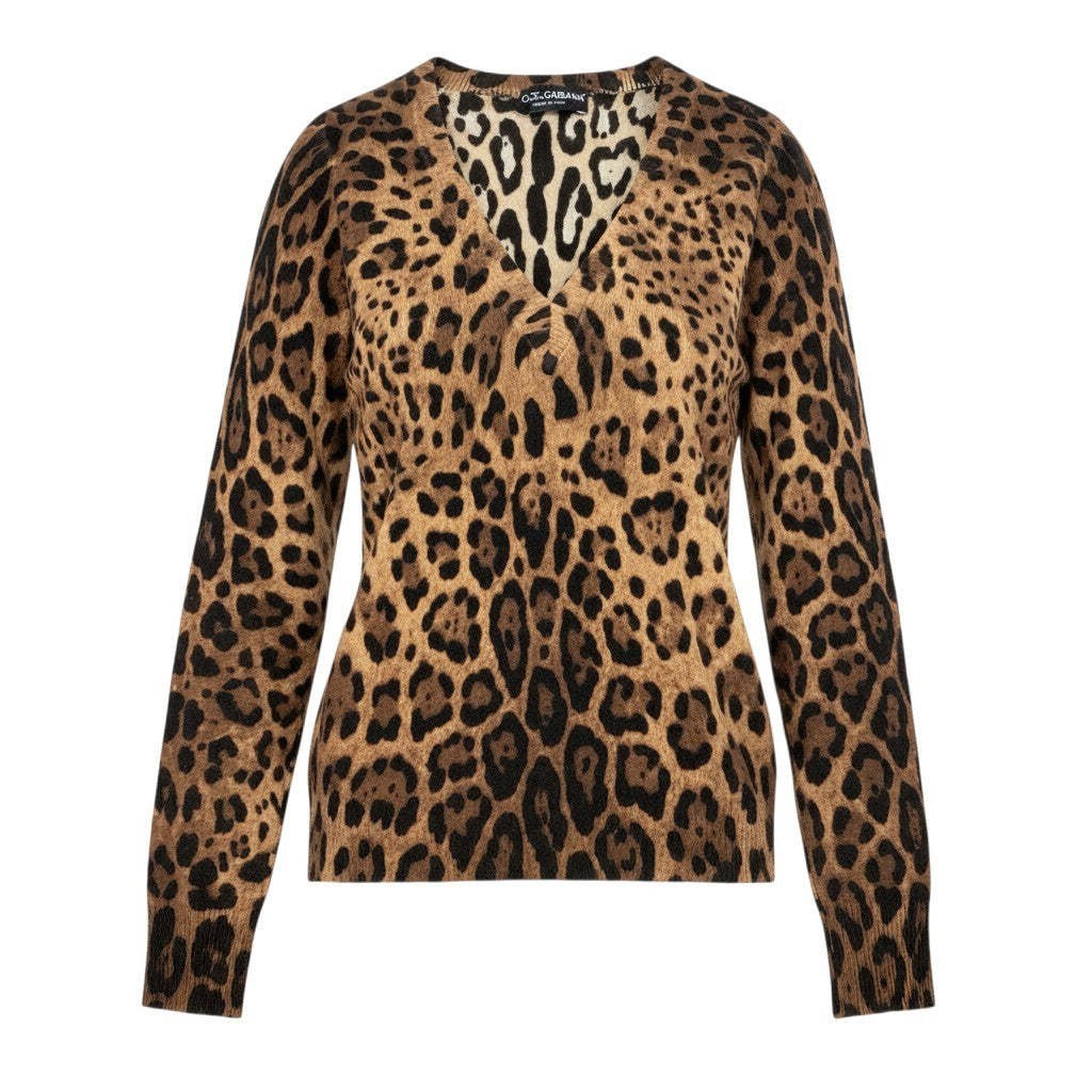 32f11 DOLCE&GABBANA ドルチェアンドガッバーナ レオパード柄 カシミヤニット Vネックセーター サイズ38 ブラウン ベージュ系 カシミア100％ レディース 女性用u02t
