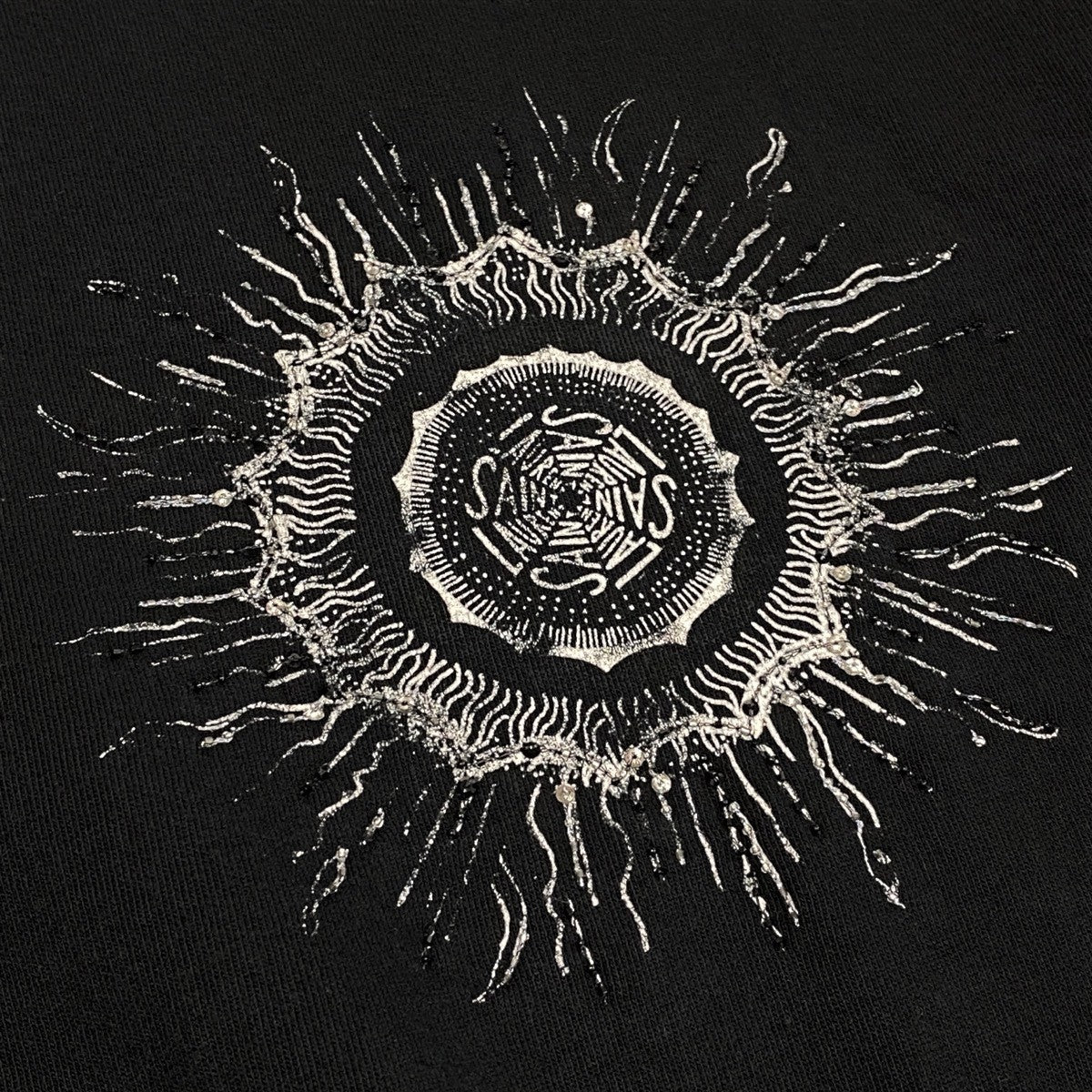 22i15 SAINT LAURENT サンローラン クルーネックスウェット ラインストーン ビーズ刺繍 Sサイズ ブラック コットン100％ メンズ 男性用u02t