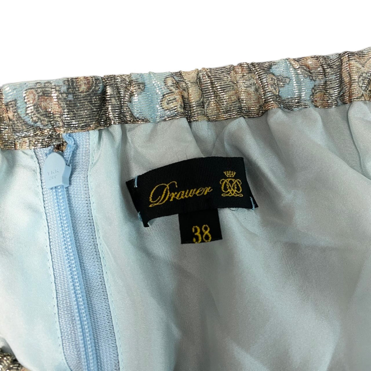 30j27 Drawer ドゥロワー シルクジャガード ラメ プリーツスカート ロングスカート サイズ38 サックスブルー レディースu02t