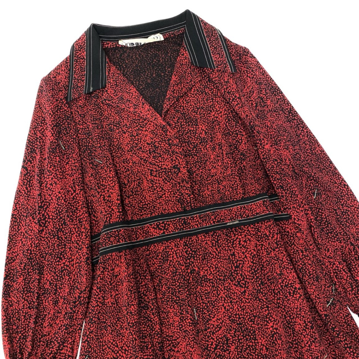 64b7 LEONARD レオナール 長袖ワンピース 総柄 開襟 ウエストマーク 3 レッド シルク100％ レディース 女性用u02t