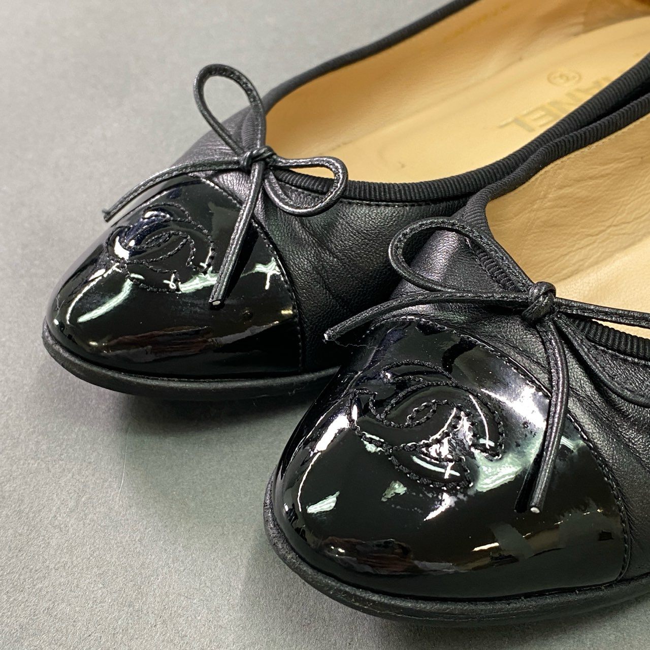 5d22 CHANEL シャネル ココマーク ラムスキン バレリーナ フラットシューズ パンプス イタリア製 G02819 36 ブラック レザー