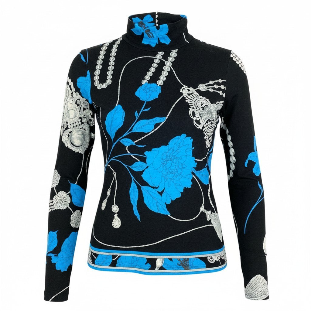 60d13 LEONARD FASHION レオナール ロングスリーブカットソー 美しい花柄プリント ハイネック トップス ウールシルク混 サイズ40 ブラック レディース 女性用u02t
