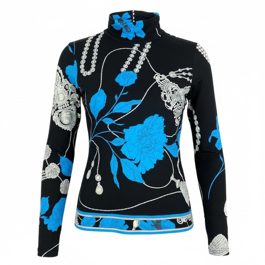 60d13 LEONARD FASHION レオナール ロングスリーブカットソー 美しい花柄プリント ハイネック トップス ウールシルク混 サイズ40 ブラック レディース 女性用u02t