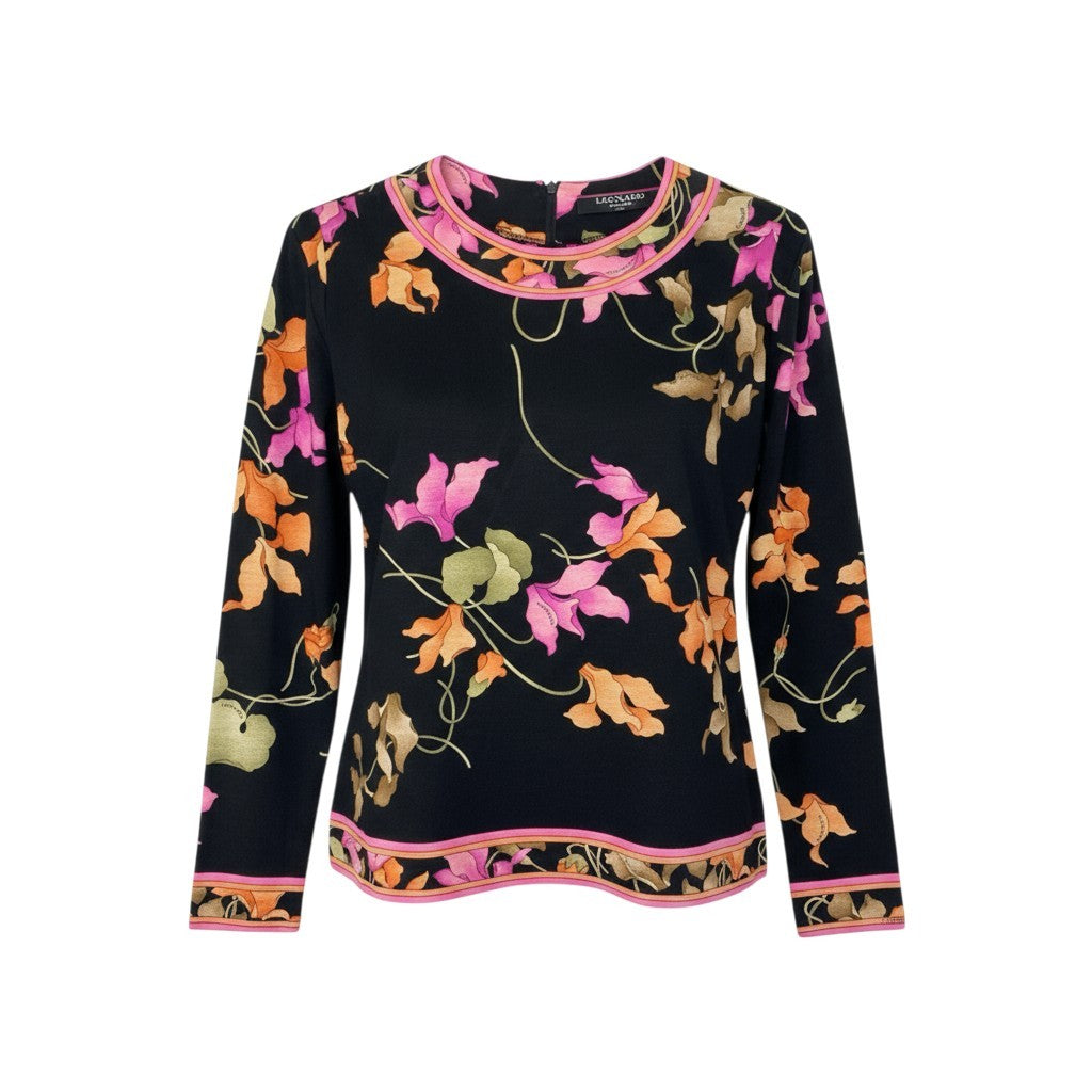 19k10 LEONARD レオナール 長袖カットソー クルーネック 花柄 トップス 0389144 Mサイズ ブラック レディースu02t