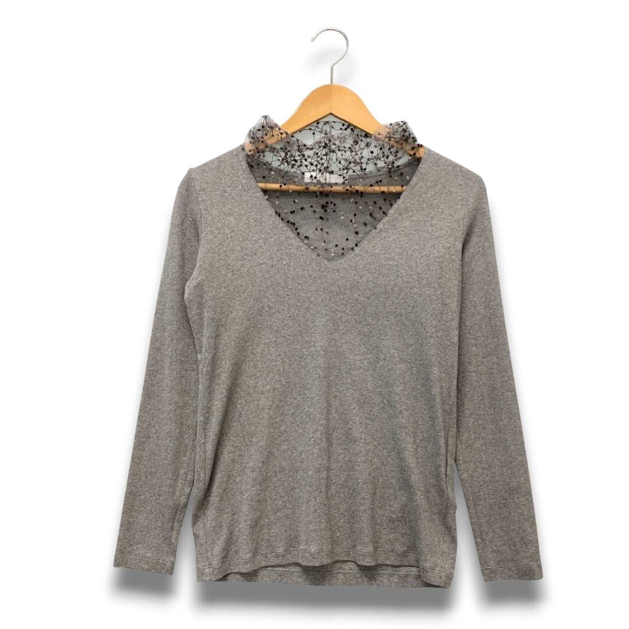 77b26 FABIANA FILLIPI ファビアナフィリッピ チュールデザインリブカットソー VネックTシャツ トップス XSサイズ グレー XSサイズ レディース 女性用u02t