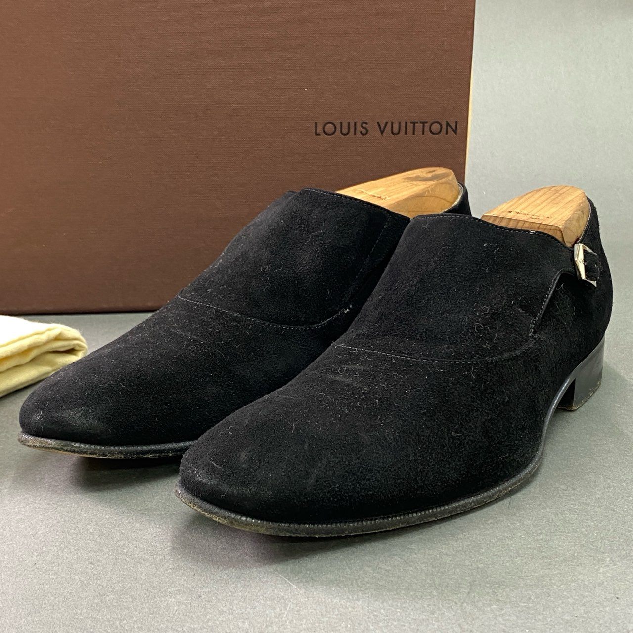 13k6 【イタリア製】LOUIS VUITTON ルイヴィトン モンクストラップシューズ ドレスシューズ サイズ7 ブラック スウェード メンズ 男性用 革靴 ビジネスシューズ